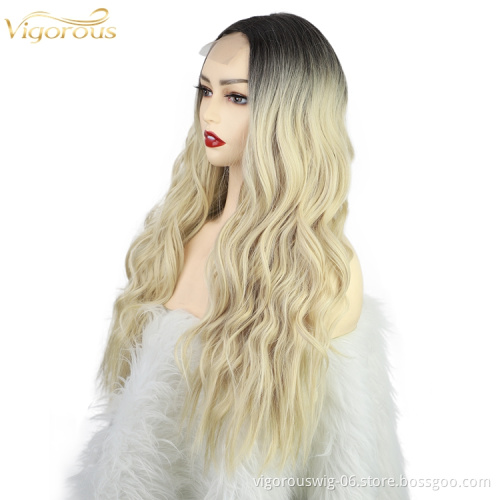 Vigorous Long Wave Hair Lace Wigs Front for Black Women Ombre Color Black To Blonde Synthetic Curly Hair Wig Middle Parting